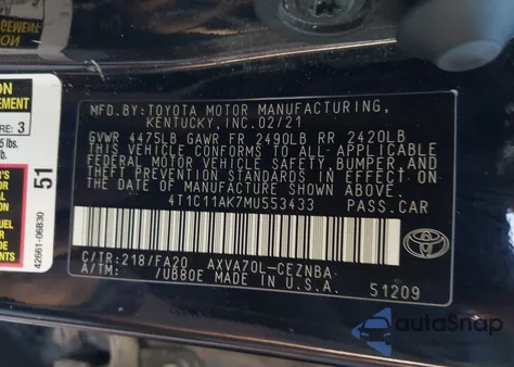 2021 Toyota Camry Le z USA, uszkodzony, nr VIN 4T1C11AK7MU553433